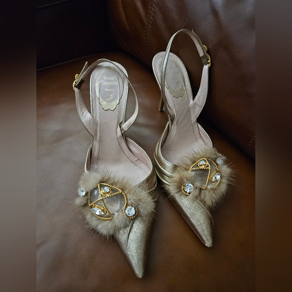 Rene Caovilla Gold Rhinestone Embellished Women's Heels 37 Used